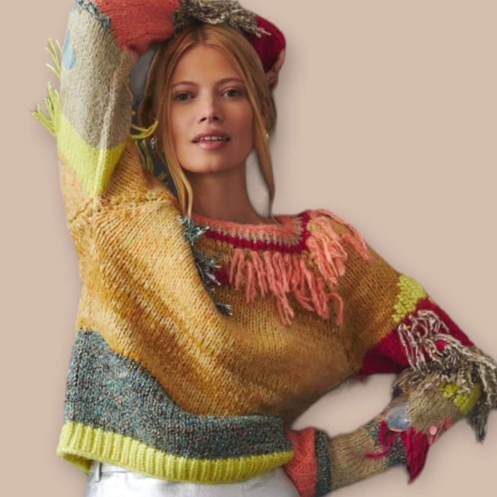 Anthropologie Multicolor Fringed Sweater